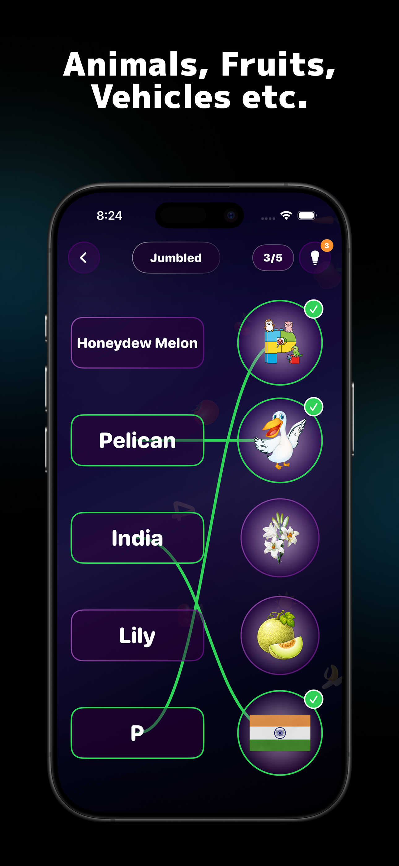 Match & Learn gameplay — match animals, fruits, vehicles and more